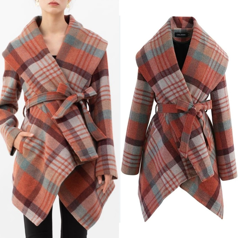 Chicwish Wool Blend Orange Teal Brown Plaid Wrap Coat S - Picture 1 of 8